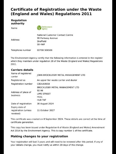 Environmental Agency Certificate