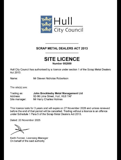 HCC Site Licence Certificate