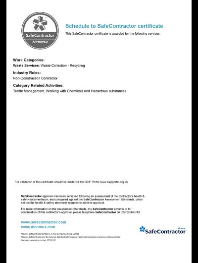 Safe Contractor Schedule Certificate